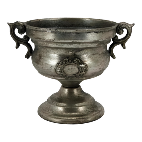 Brushed Antique Silver Metal Urn Vase with Fleur Emblem & Ornate Handles