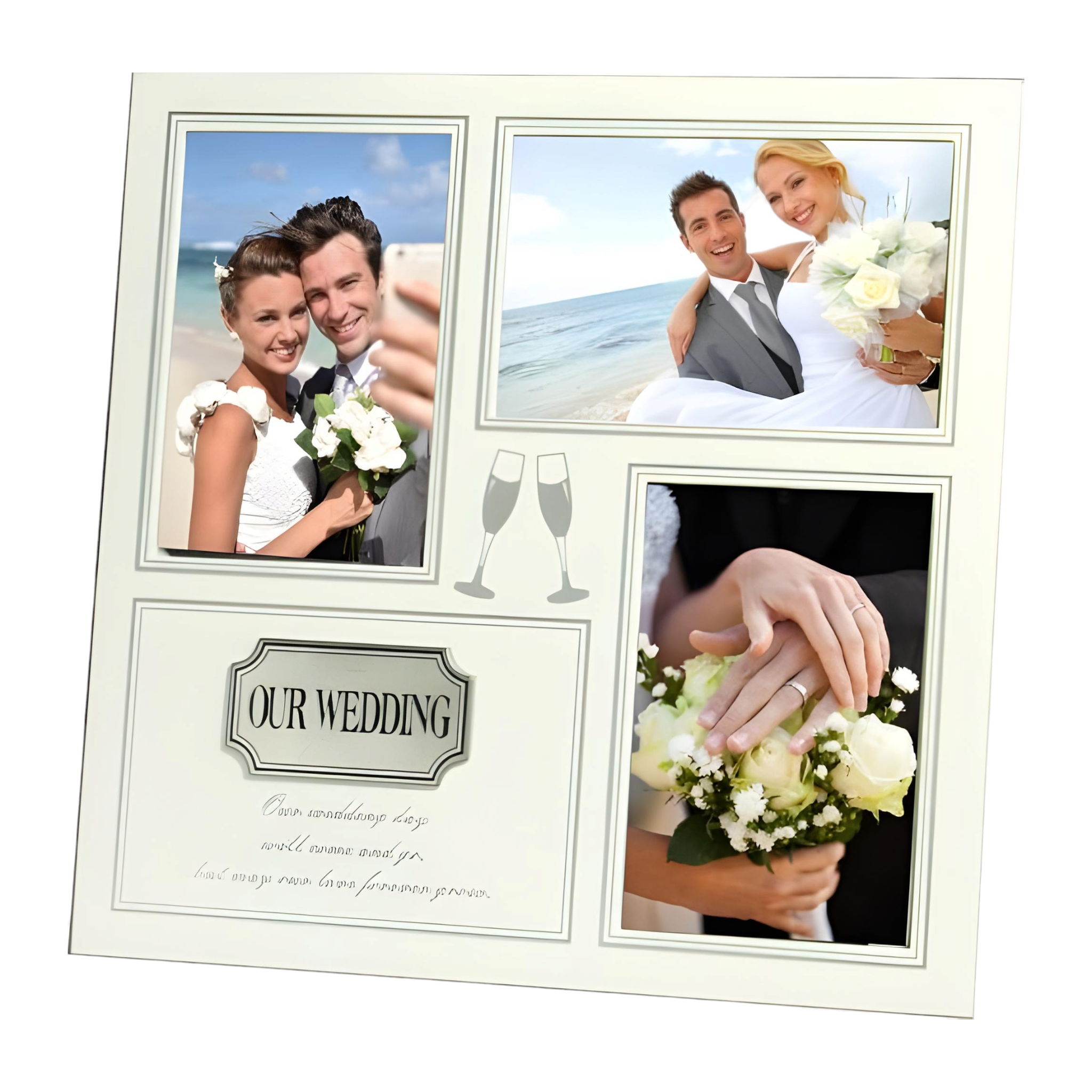 White Our Wedding Multi Collage Photo Frame with Engraved Metal Plate