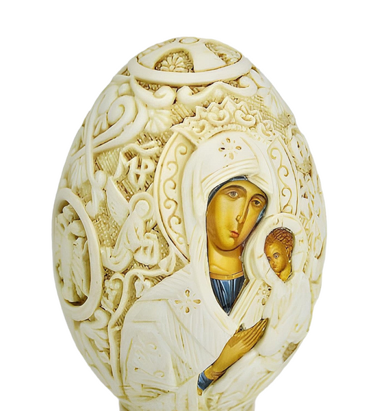 Orthodox Ivory Double Sided Holy Mother Mary & Jesus Religious Egg Ornament