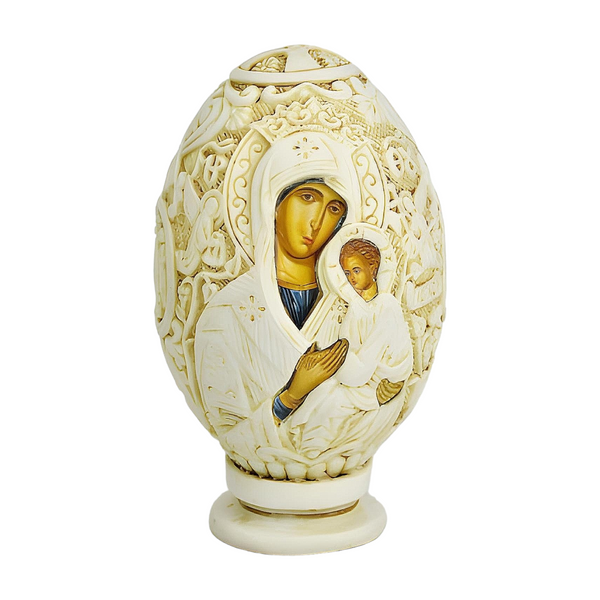 Orthodox Ivory Double Sided Holy Mother Mary & Jesus Religious Egg Ornament