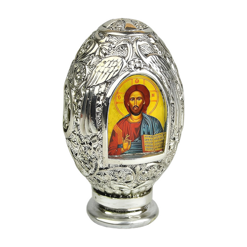 Orthodox Silver Plated Double Sided Holy Mother Mary & Jesus Religious Egg Ornament