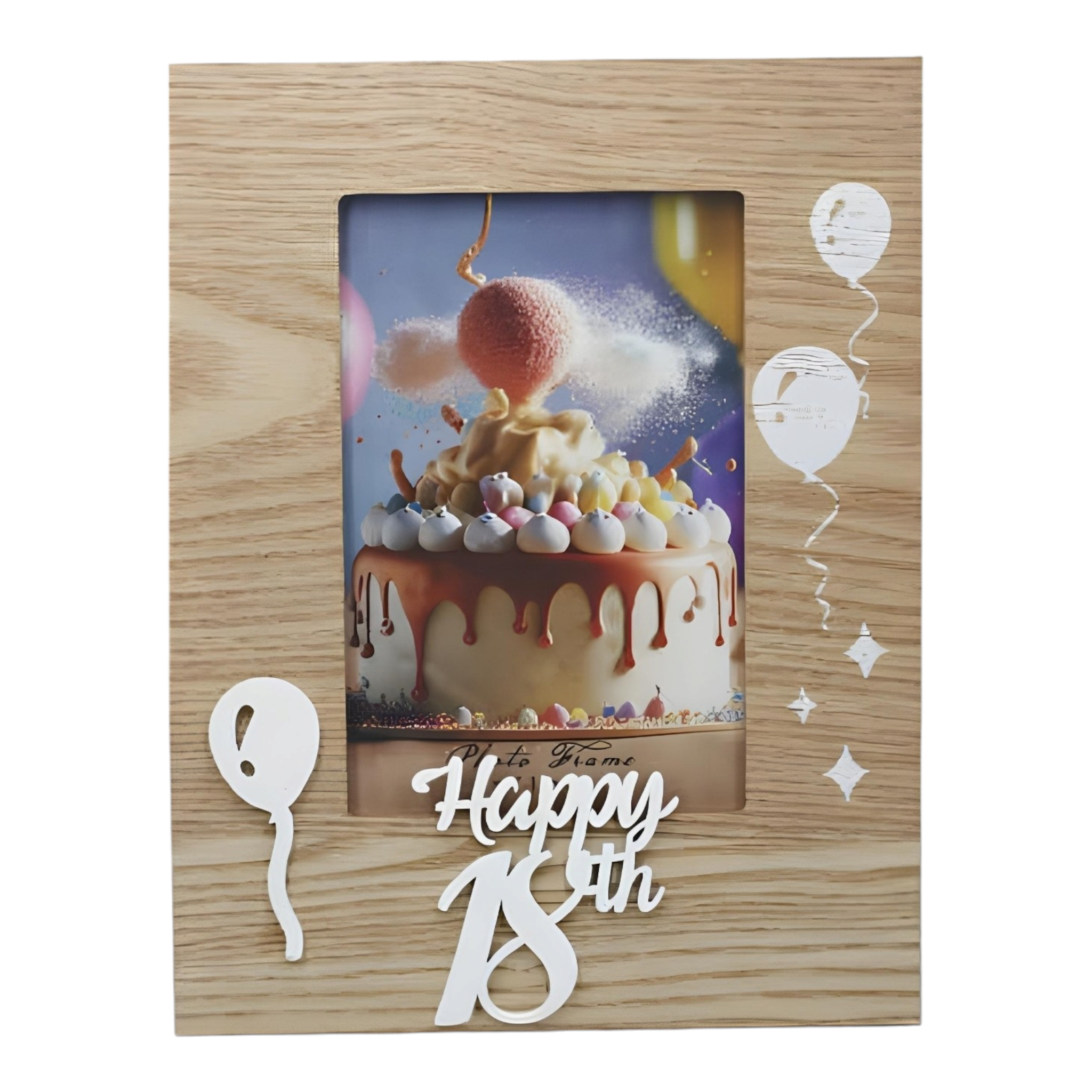 Wood & White Laser Cut Happy 18th Birthday Photo Frame