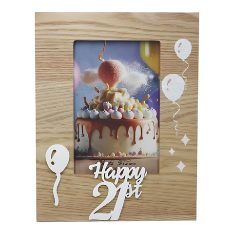 Wood & White Laser Cut Happy 21st Birthday Photo Frame