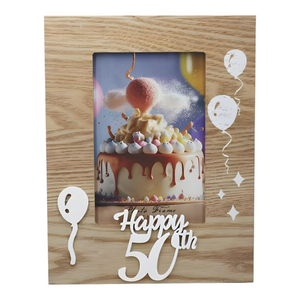 Wood & White Laser Cut Happy 50th Birthday Photo Frame