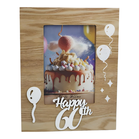 Wood & White Laser Cut Happy 60th Birthday Photo Frame