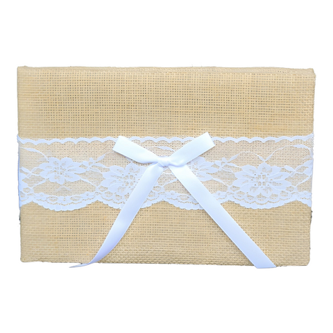 Hessian Burlap Wedding Guest Book with White Lace Trim & Ribbon Bow Burlap Guest Book Signing Album With White Lace Hessian Rustic Vintage Wedding