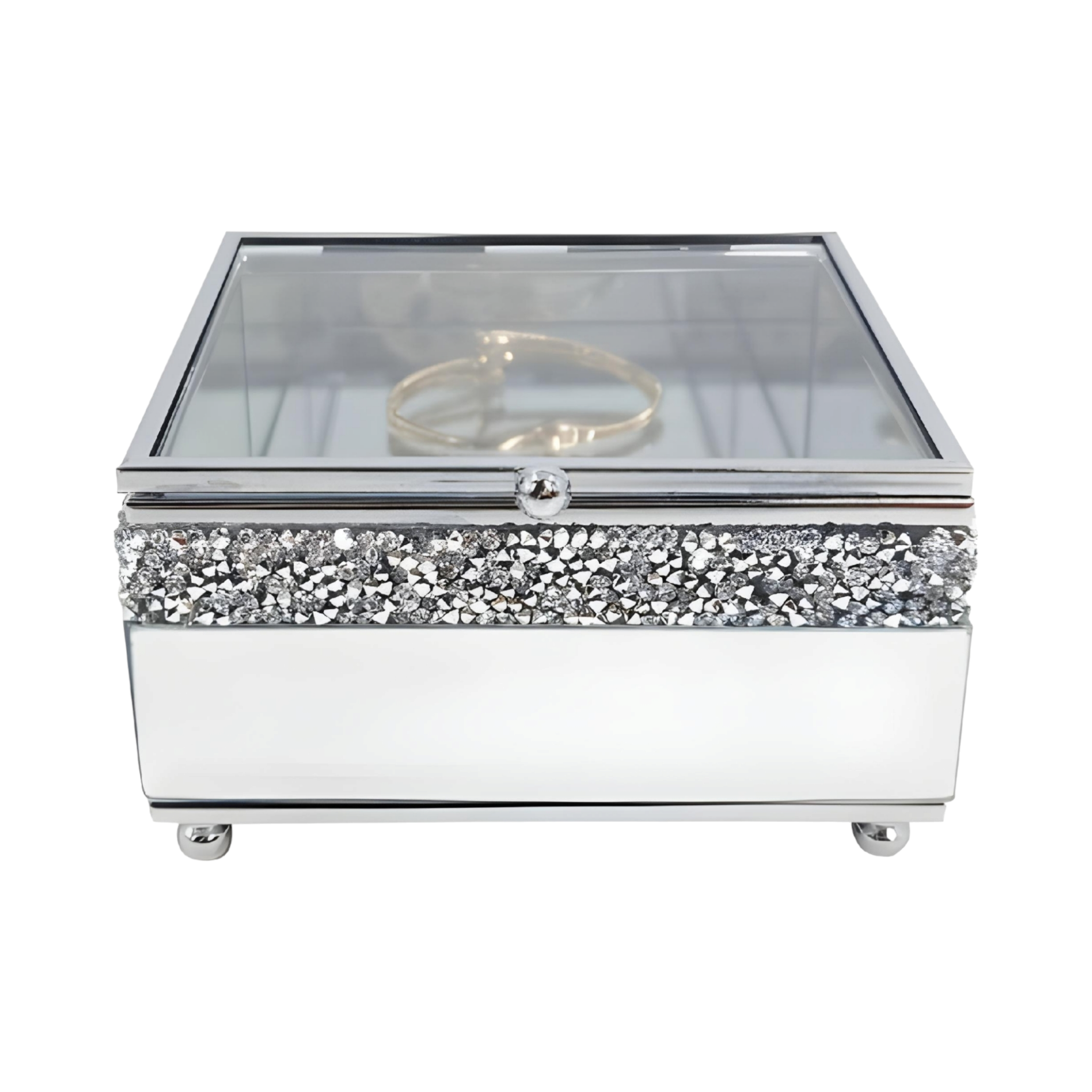 Silver Square Sparkling Crystal Diamante Frame Mirrored Jewellery Box