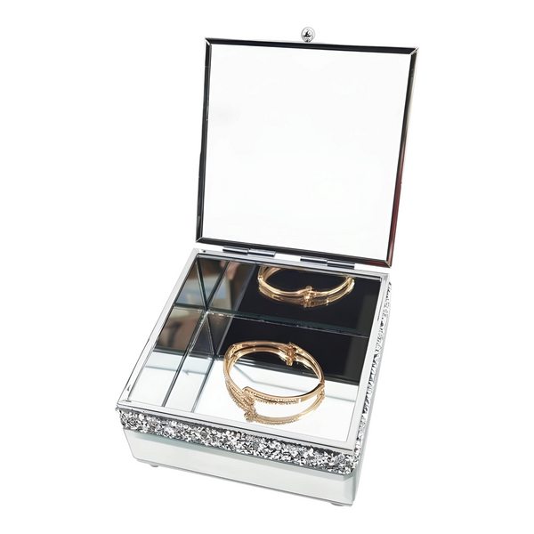 Silver Square Sparkling Crystal Diamante Frame Mirrored Jewellery Box