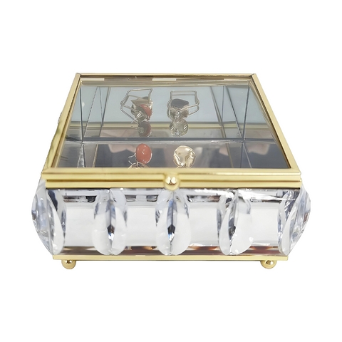 Gold Square Sparkling Crystal Jewels Frame Mirrored Jewellery Box