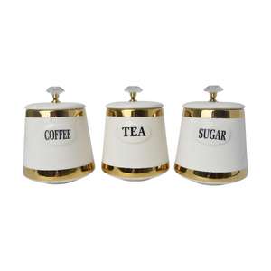 Set 3 White & Gold Trim Ceramic Kitchen Canisters- Coffee Tea Sugar