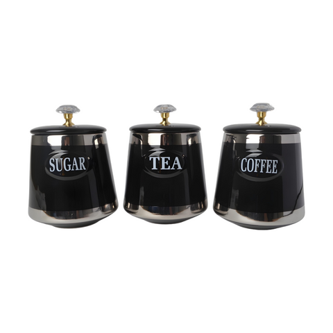 Set 3 Black & Silver Trim Ceramic Kitchen Canisters- Coffee Tea Sugar