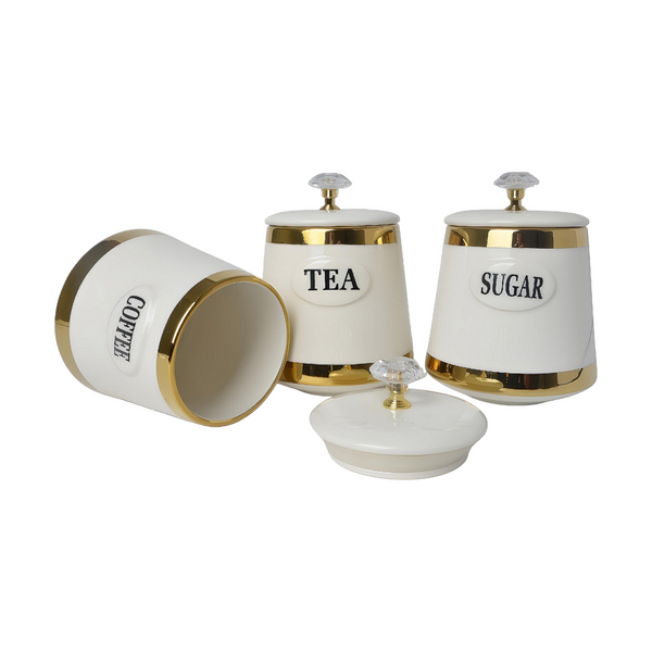 Set 3 White & Gold Trim Ceramic Kitchen Canisters- Coffee Tea Sugar