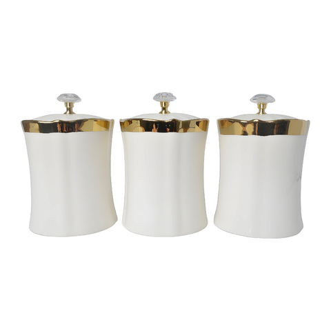 Set 3 Plain White & Gold Trim Ceramic Kitchen Canisters- Coffee Tea Sugar