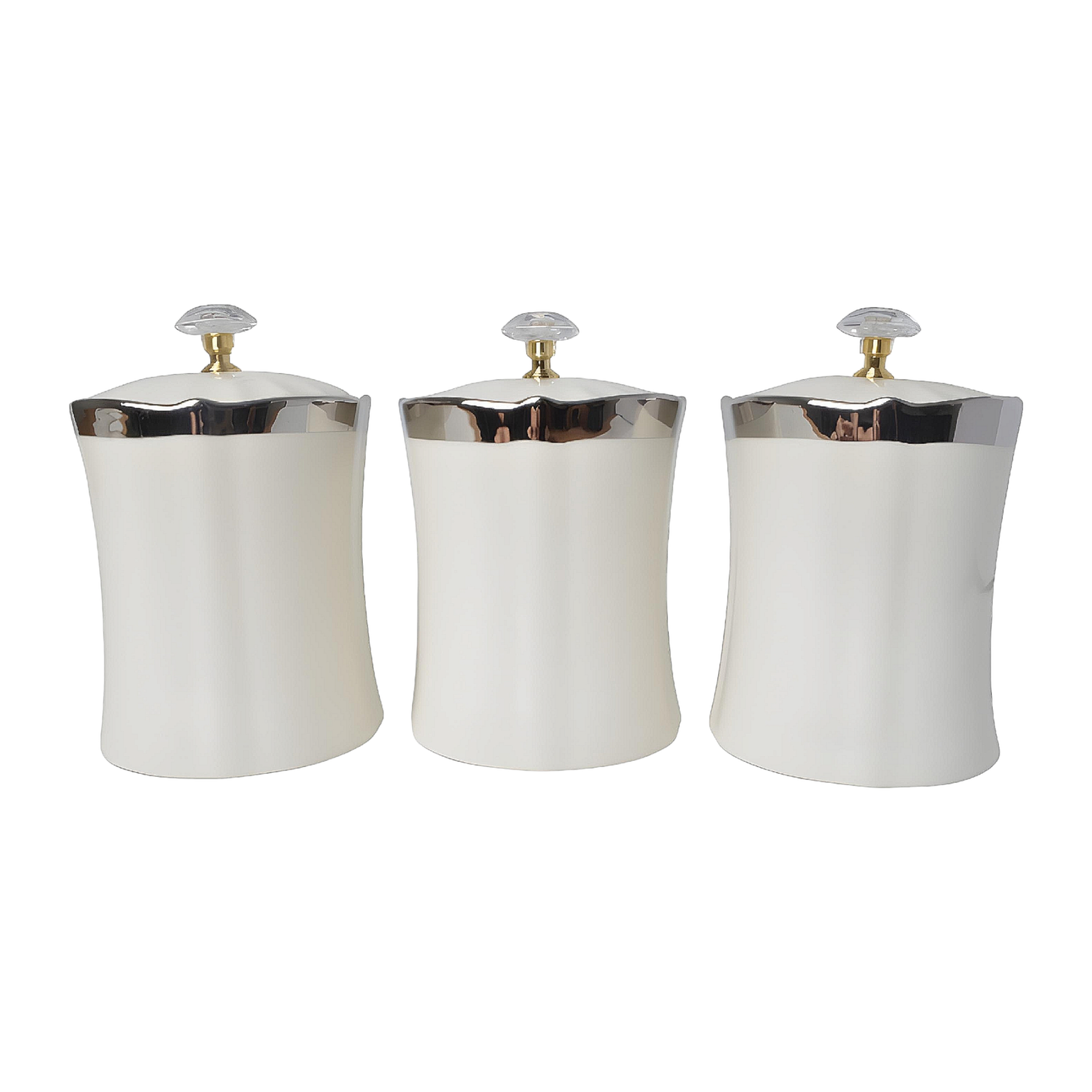 Set 3 Plain White & Silver Trim Ceramic Kitchen Canisters- Coffee Tea Sugar