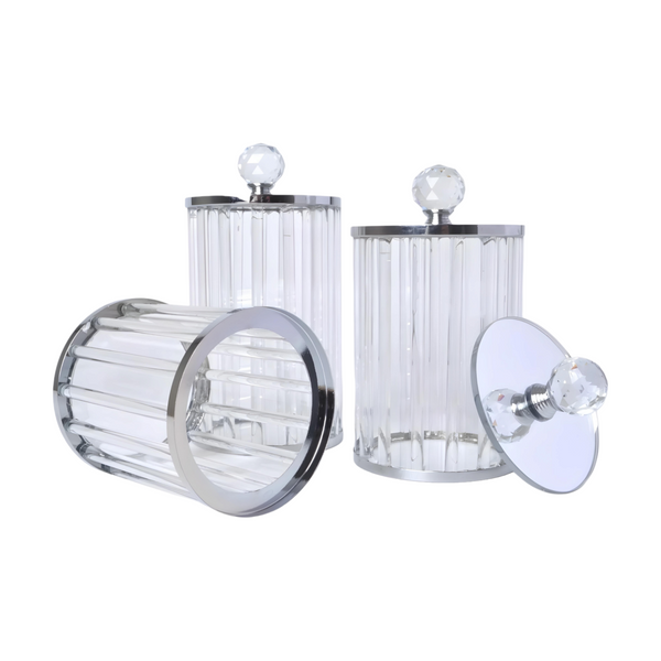 Set 3 Plain Clear Ribbed Glass & Silver Trim Kitchen Canisters- Coffee Tea Sugar