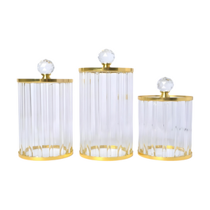 Set 3 Plain Clear Ribbed Glass & Gold Trim Kitchen Canisters- Coffee Tea Sugar