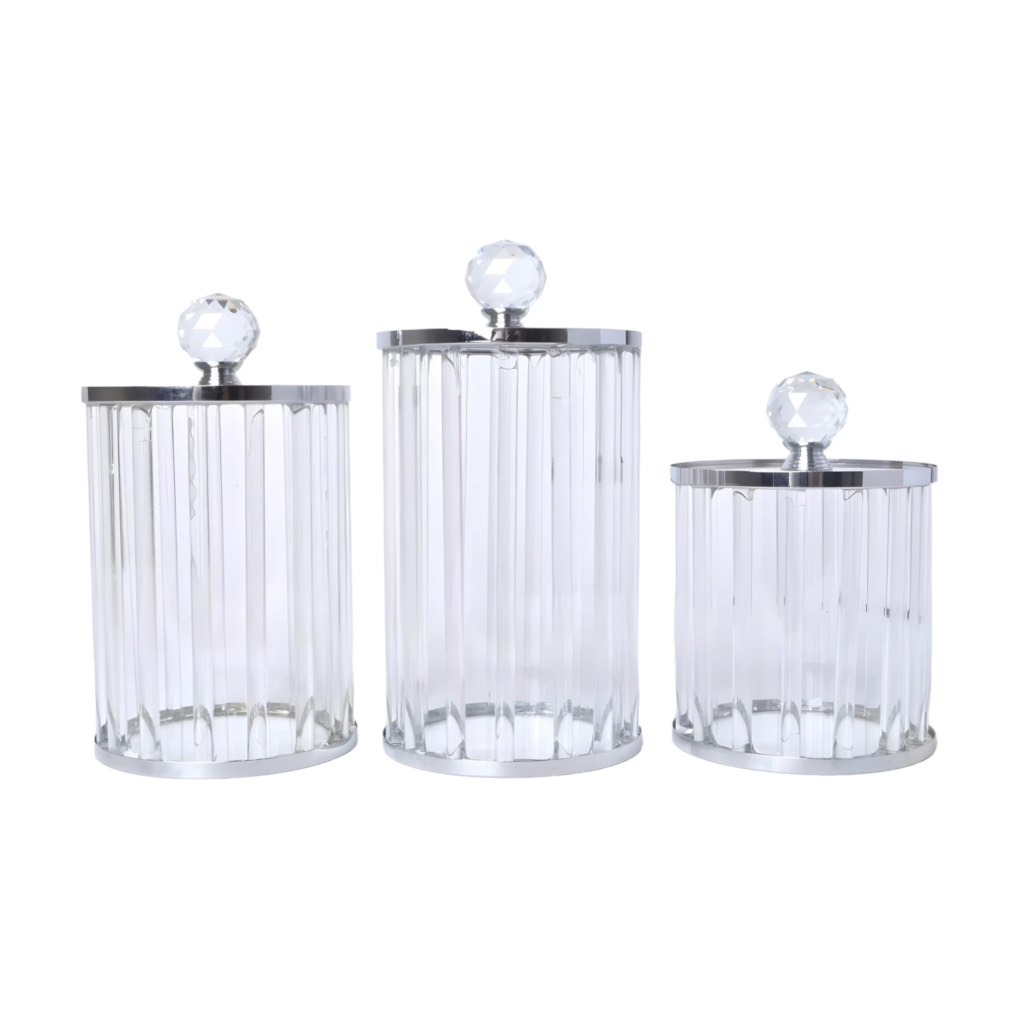 Set 3 Plain Clear Ribbed Glass & Silver Trim Kitchen Canisters- Coffee Tea Sugar