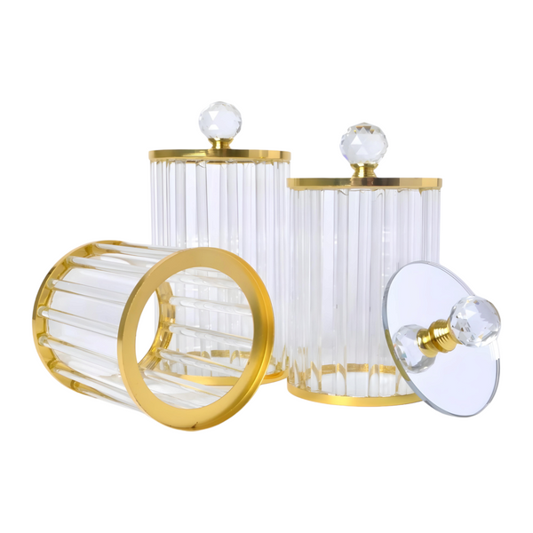 Set 3 Plain Clear Ribbed Glass & Gold Trim Kitchen Canisters- Coffee Tea Sugar