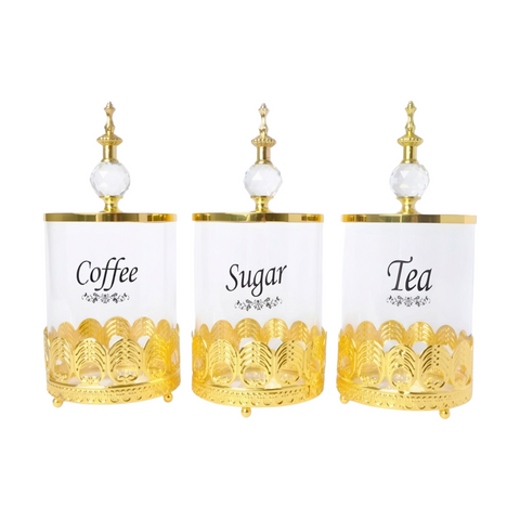 Set 3 Clear Glass & Gold Trim Kitchen Canisters- Coffee Tea Sugar