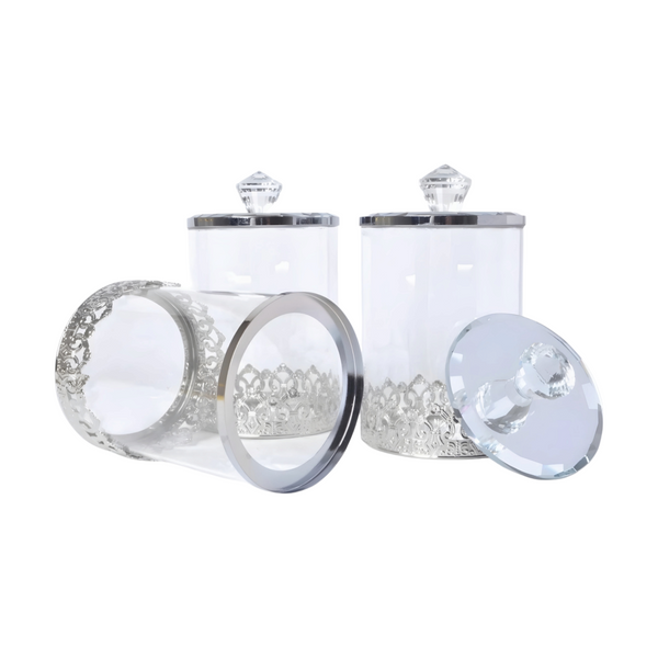 Set 3 Plain Clear Glass & Silver Trim Kitchen Canisters- Coffee Tea Sugar