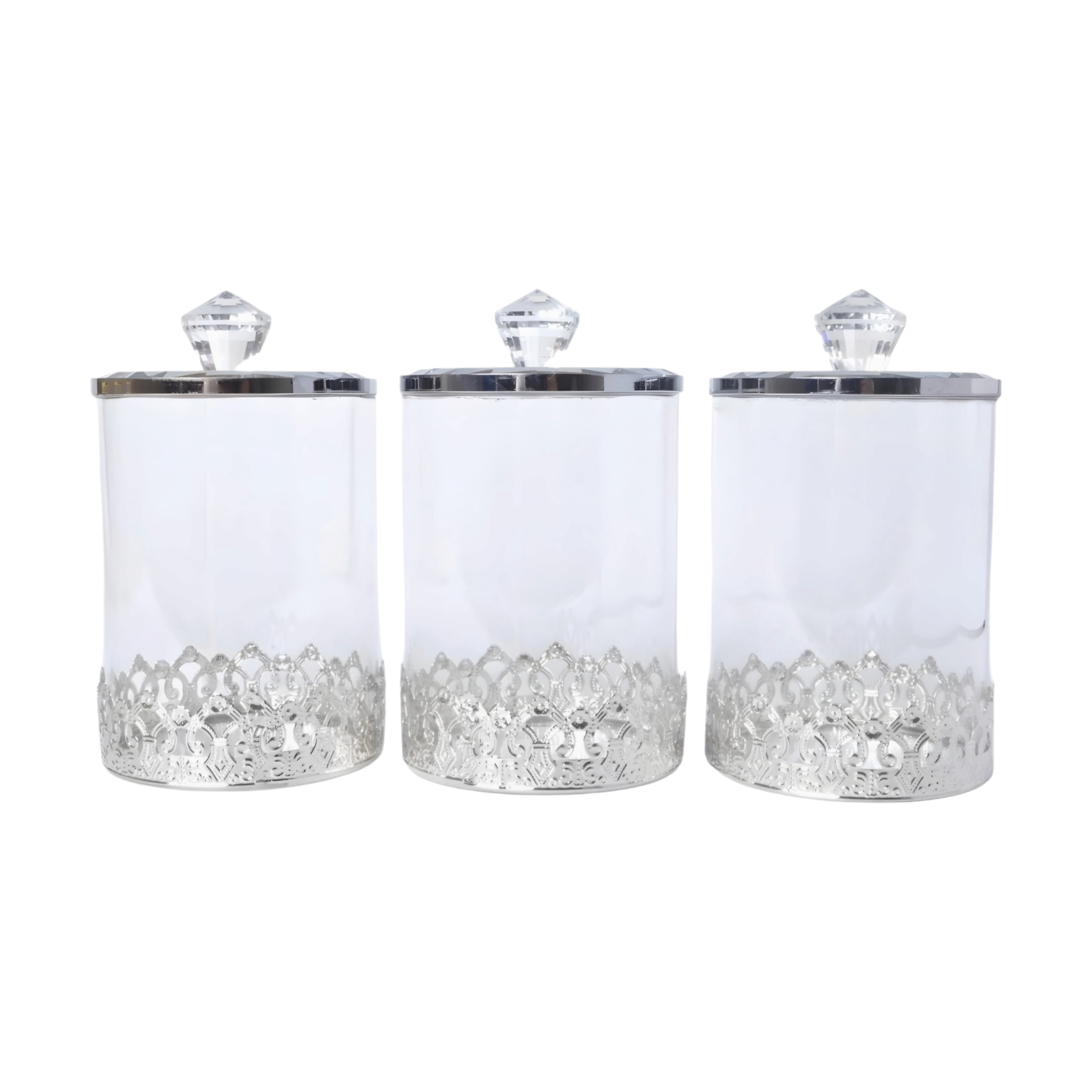 Set 3 Plain Clear Glass & Silver Trim Kitchen Canisters- Coffee Tea Sugar