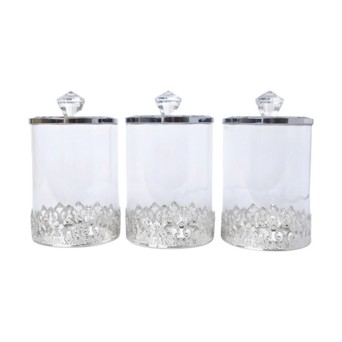 Set 3 Plain Clear Glass & Silver Trim Kitchen Canisters- Coffee Tea Sugar