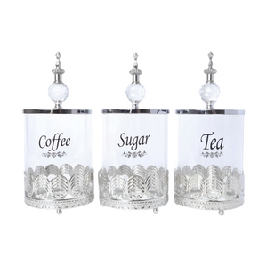 Set 3 Clear Glass & Silver Trim Kitchen Canisters- Coffee Tea Sugar