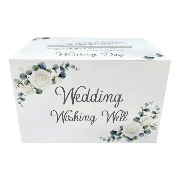 White Wood Floral Design Wedding Wishing Well Box