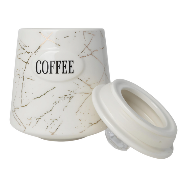 Set 3 White & Gold Marble Design  Ceramic Kitchen Canisters- Coffee Tea Sugar