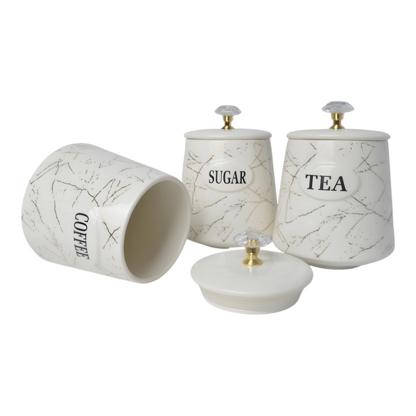 Set 3 White & Gold Marble Design  Ceramic Kitchen Canisters- Coffee Tea Sugar