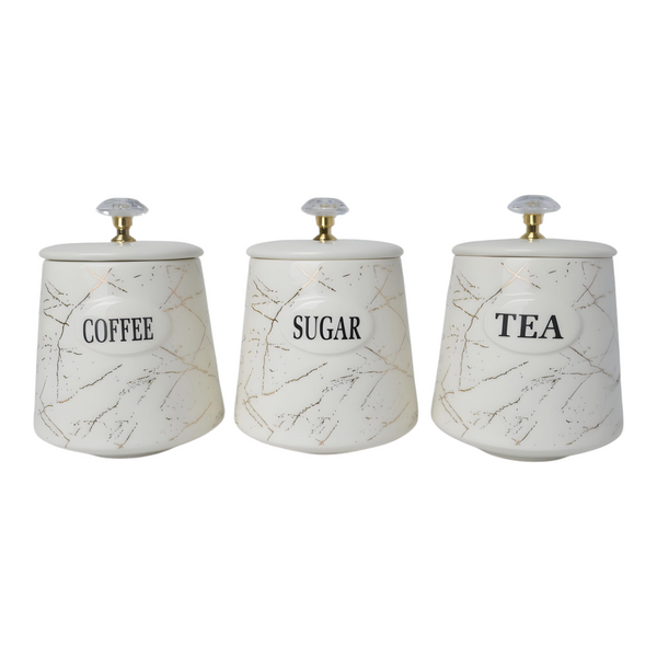 Set 3 White & Gold Marble Design  Ceramic Kitchen Canisters- Coffee Tea Sugar