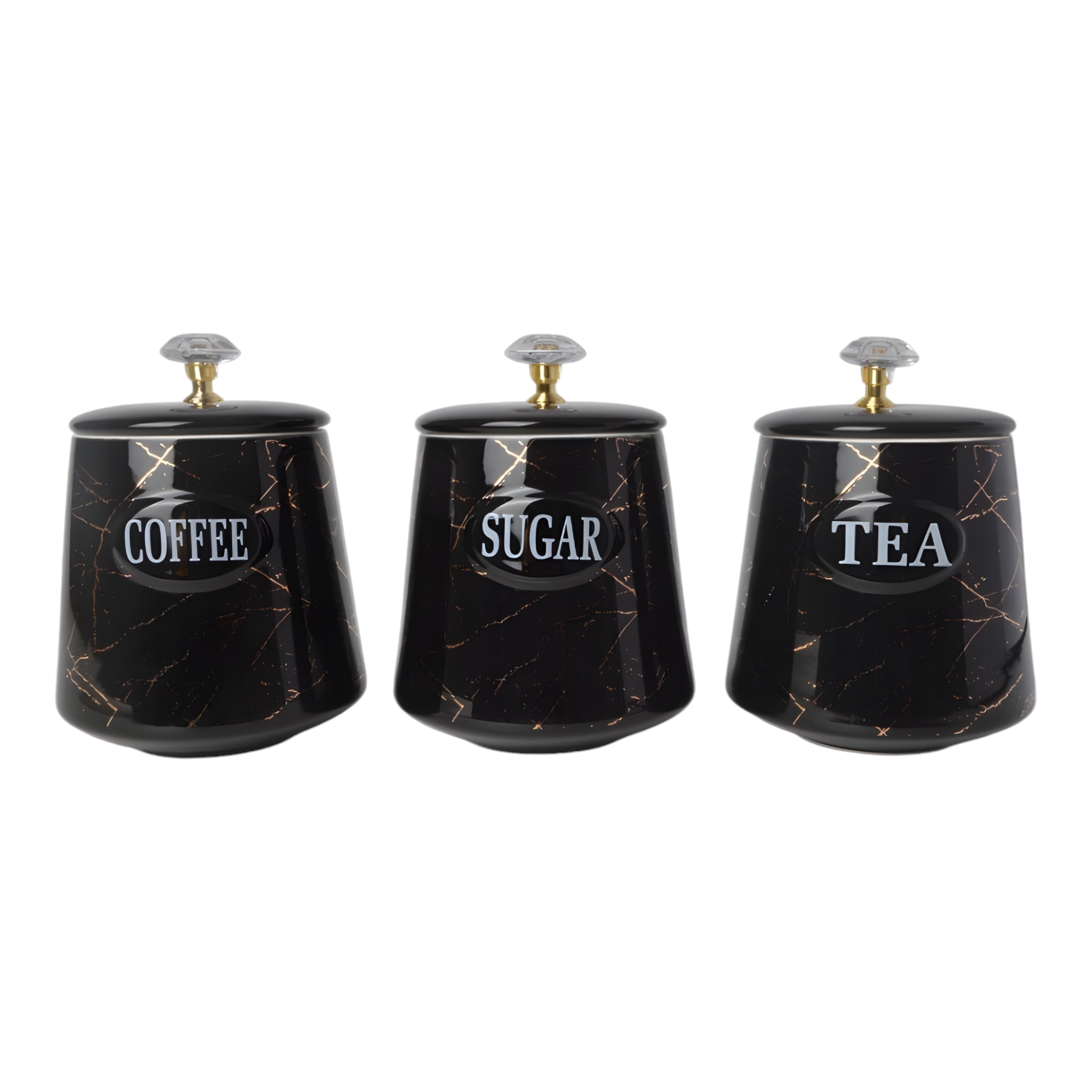 Set 3 Black & Gold Marble Design Ceramic Kitchen Canisters- Coffee Tea Sugar