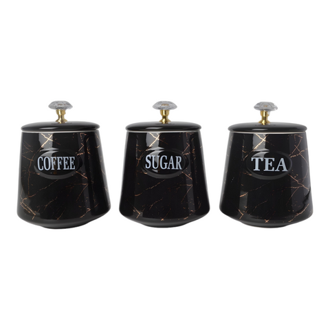 Set 3 Black & Gold Marble Design Ceramic Kitchen Canisters- Coffee Tea Sugar