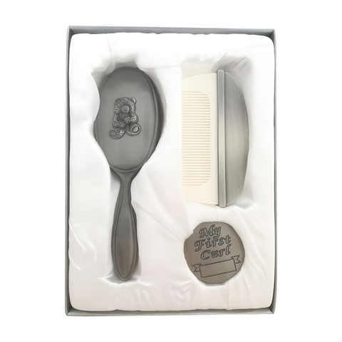 Set 3 Silver Pewter Teddy Bear Baby Brush, Comb & My First Curl Gift