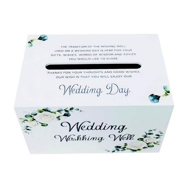 White Wood Floral Design Wedding Wishing Well Box