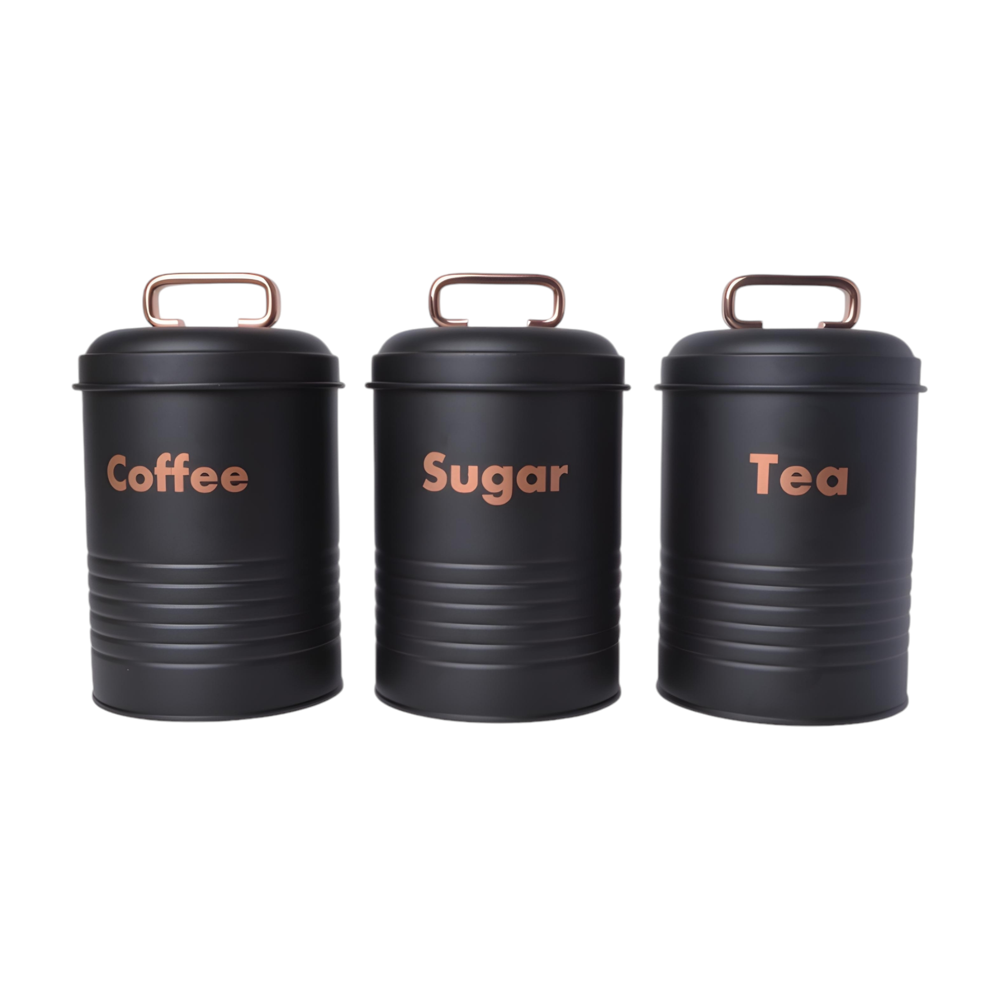 Set 3 Black & Rose Gold Metal Kitchen Canisters- Coffee Tea Sugar