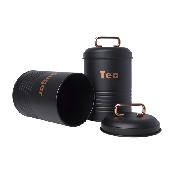 Set 3 Black & Rose Gold Metal Kitchen Canisters- Coffee Tea Sugar