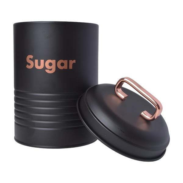 Set 3 Black & Rose Gold Metal Kitchen Canisters- Coffee Tea Sugar