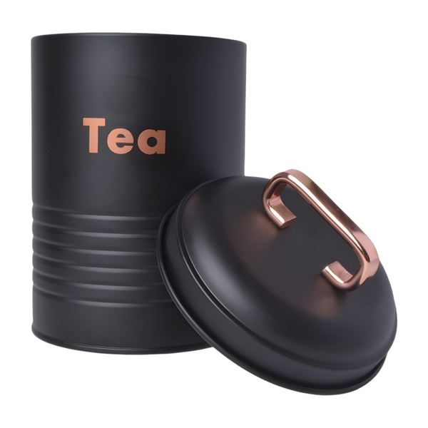 Set 3 Black & Rose Gold Metal Kitchen Canisters- Coffee Tea Sugar