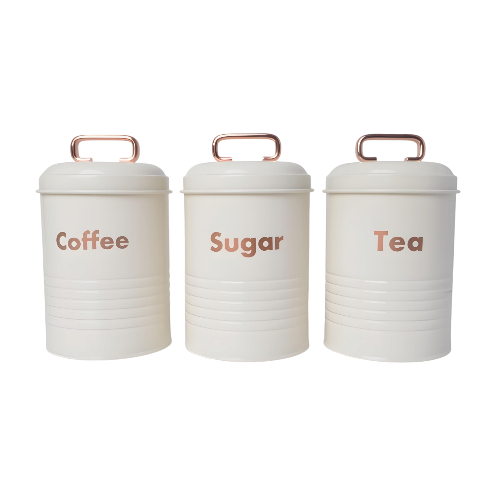 Set 3 White & Rose Gold Metal Kitchen Canisters- Coffee Tea Sugar