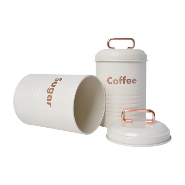 Set 3 White & Rose Gold Metal Kitchen Canisters- Coffee Tea Sugar