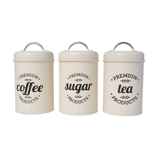 Set 3 Vintage Cream Metal Kitchen Canisters- Coffee Tea Sugar