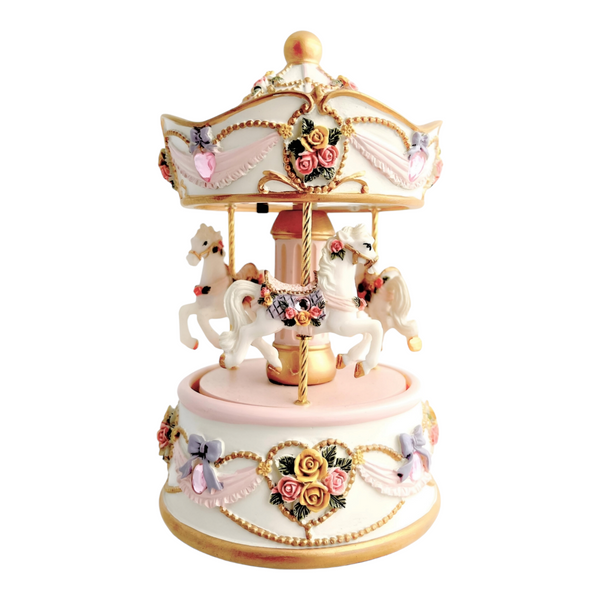 Rose Pink 3 Horse Rotating Musical Carousel Merry Go Round