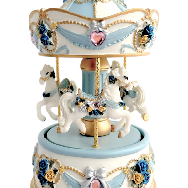 Blue 3 Horse Rotating Musical Carousel Merry Go Round