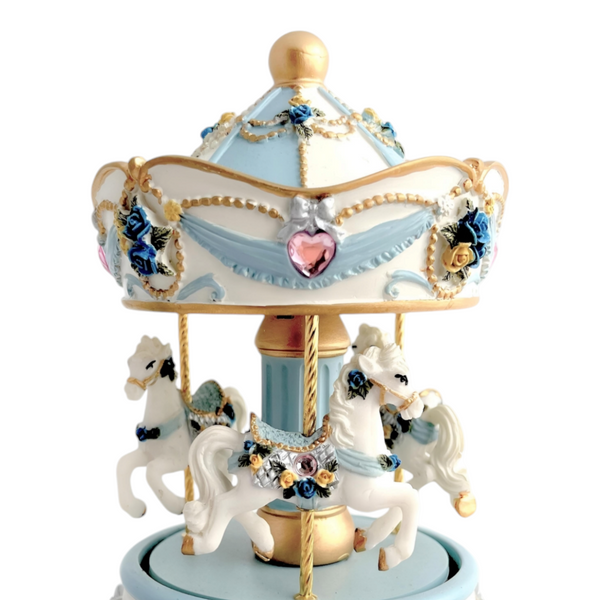 Blue 3 Horse Rotating Musical Carousel Merry Go Round