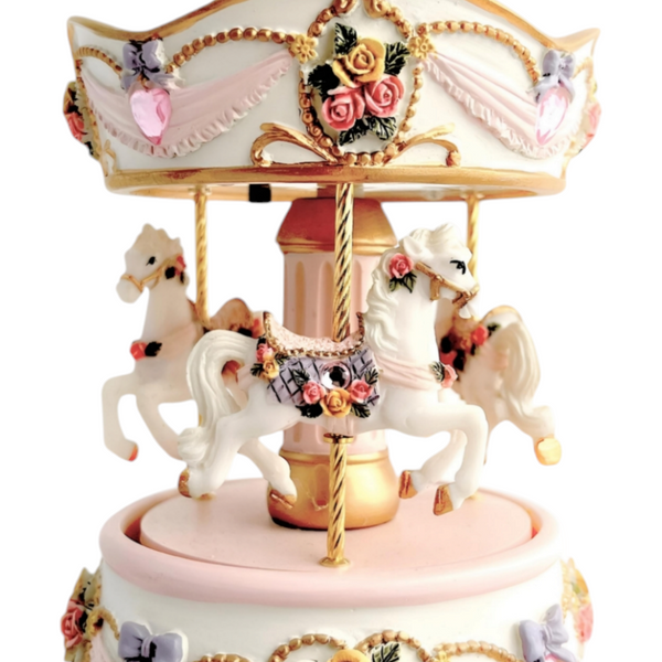 Rose Pink 3 Horse Rotating Musical Carousel Merry Go Round