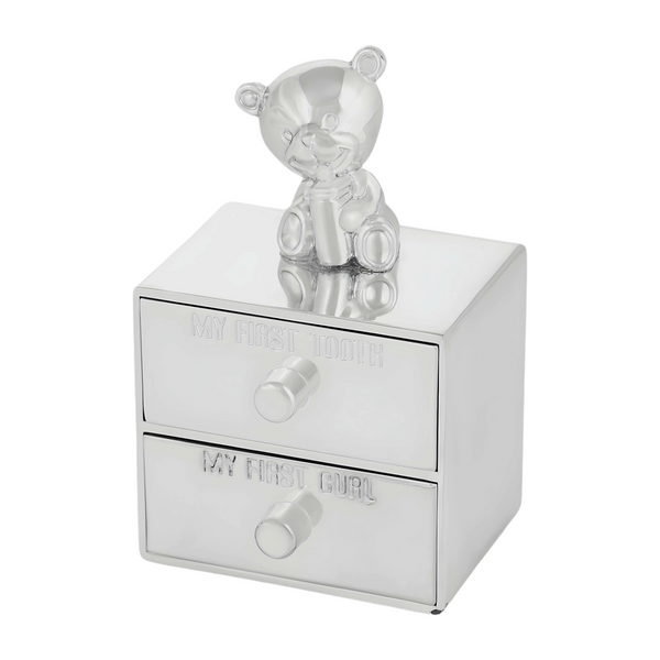 Shiny Silver Plated Teddy Bear My First Tooth & My First Curl Drawers Baby Keepsake