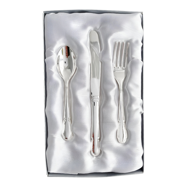 Set 3 Shiny Silver Plated Baby Cutlery Spoon, Fork & Knife Gift