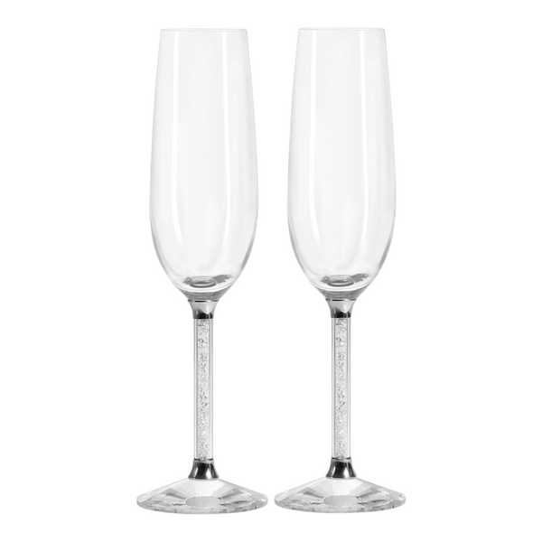 Set 2 Silver Champagne Glass Flutes & Crystal Diamante Filled Stems