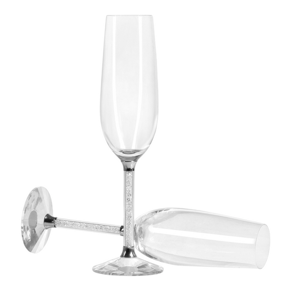 Set 2 Silver Champagne Glass Flutes & Crystal Diamante Filled Stems